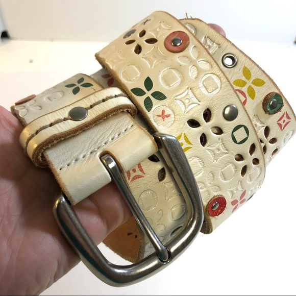Women leather embossed cream belt sz medium main image 4